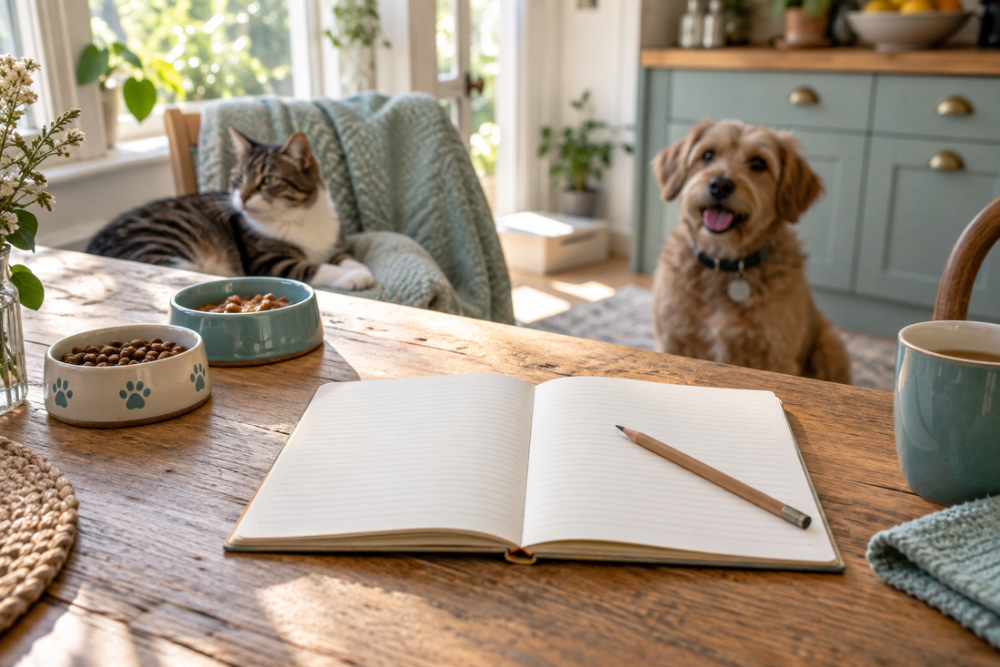 Open notebook and pencil beside pet food bowls, with a dog and cat in the background.